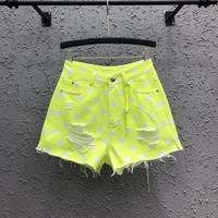 fluorescent yellow wave point shorts women 2022 summer new hole jean shorts womens high waisted denim shorts