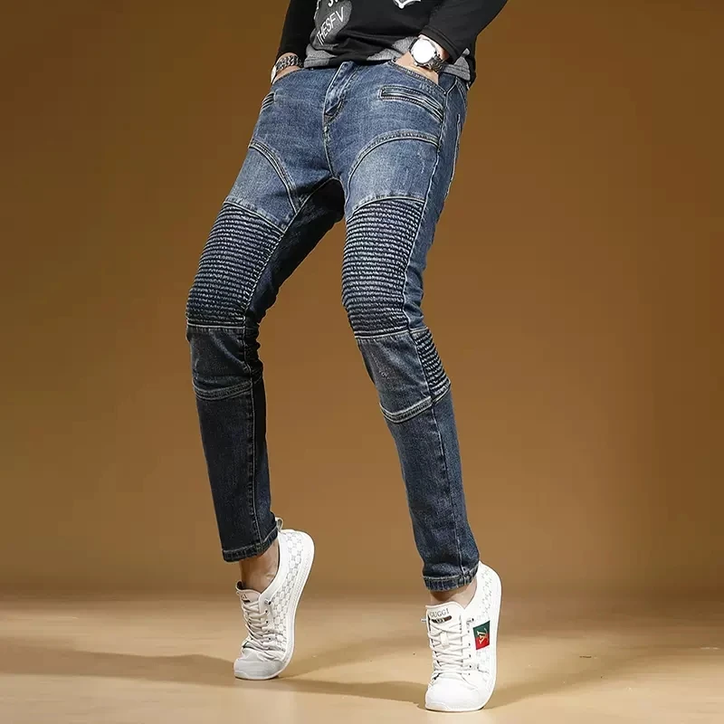 Autumn Blue Patchwork Jeans Men Streetwear Biker Slim Fit Pencil Pants Fashion Casual Stretch Denim Trousers