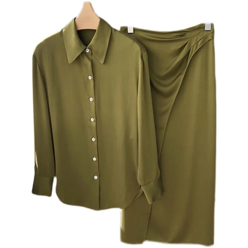 Женский Шелковый Костюм оливково-зеленого цвета рубашка/юбка средней длины