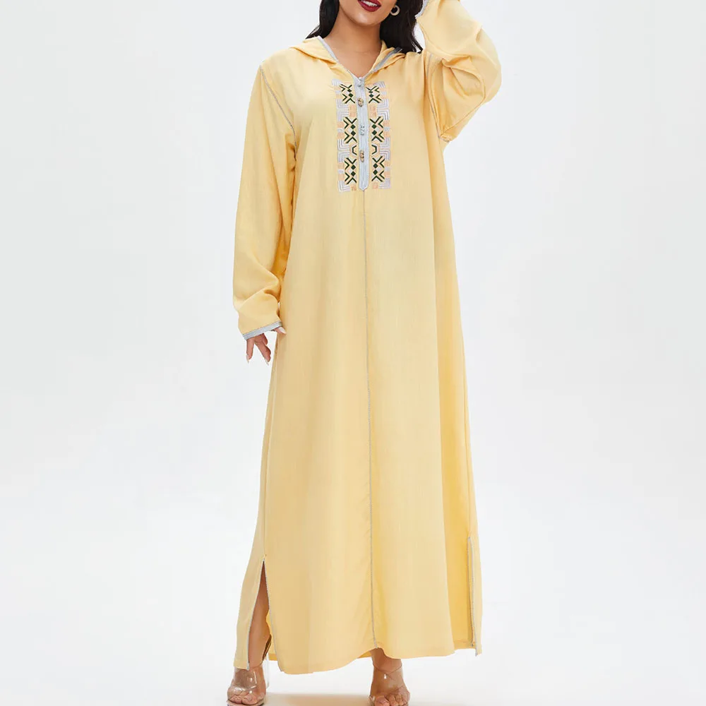 

Muslim Women's Dress Fashion Temperament Casual Loose Oversize Indie Simple Solid Color Embroidery With Hood Long Sleeve 2022
