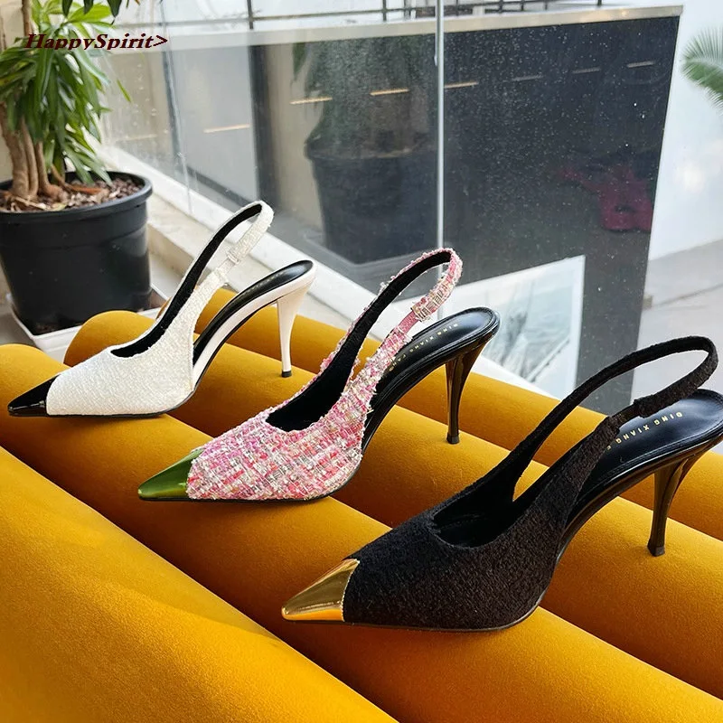 

New Pointed Slim Mid-heel Shoes Stitching Back Space High-heeled Sandals Color Matching Shallow Mouth High-heeled Women's Shoes