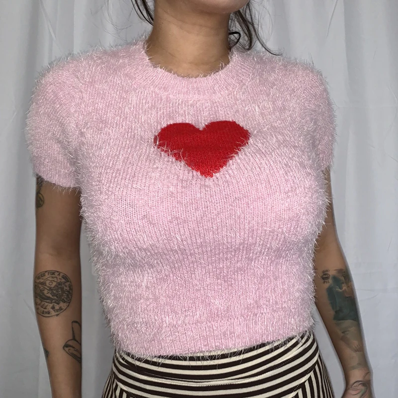 

Sweet Heart Print Tops Pink Knit Furry Y2k Femme Women T-Shirt 2021 Summer Crop Top Harajuku Short Sleeve White Tee Shirt Gothic