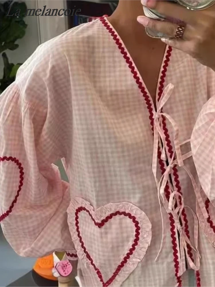 Женская свободная рубашка в клетку Повседневная блузка с завязкой форме сердца