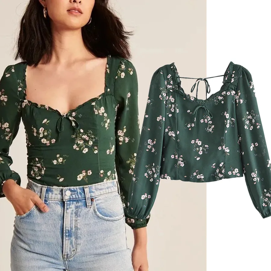 

Elmsk France Style Dark Green Floral Print Fashion Casual Blouse Women Tops Indie Folk Retro Square Collar Chiffon Blouse