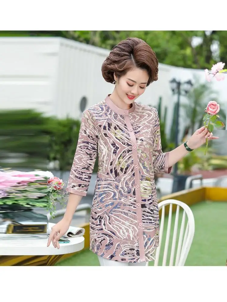 

2022 Spring Summer Chiffon Women Mid-Length Loose Casual Shirts Fashion O-Neck Print Large Size Tops Blusas