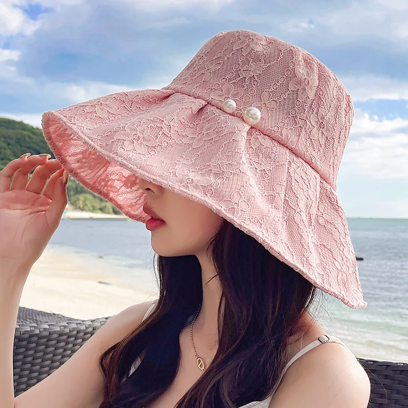 

Korean Pearl Lace Sun Hat Fashion Girls Women Beach Summer Fisherman Cap Ladies Travel Vacation UV Bucket Hat Casual Panama Hat