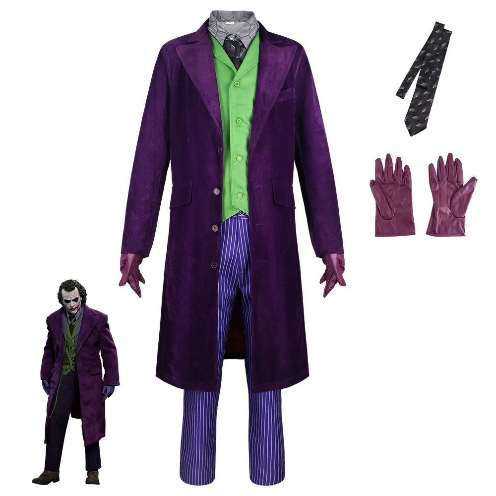 Movie The Dark Knight Joker Cosplay Costume Heath Ledger Suit Halloween Carnival Purple Jacket Trench Coat Pants Full sets
