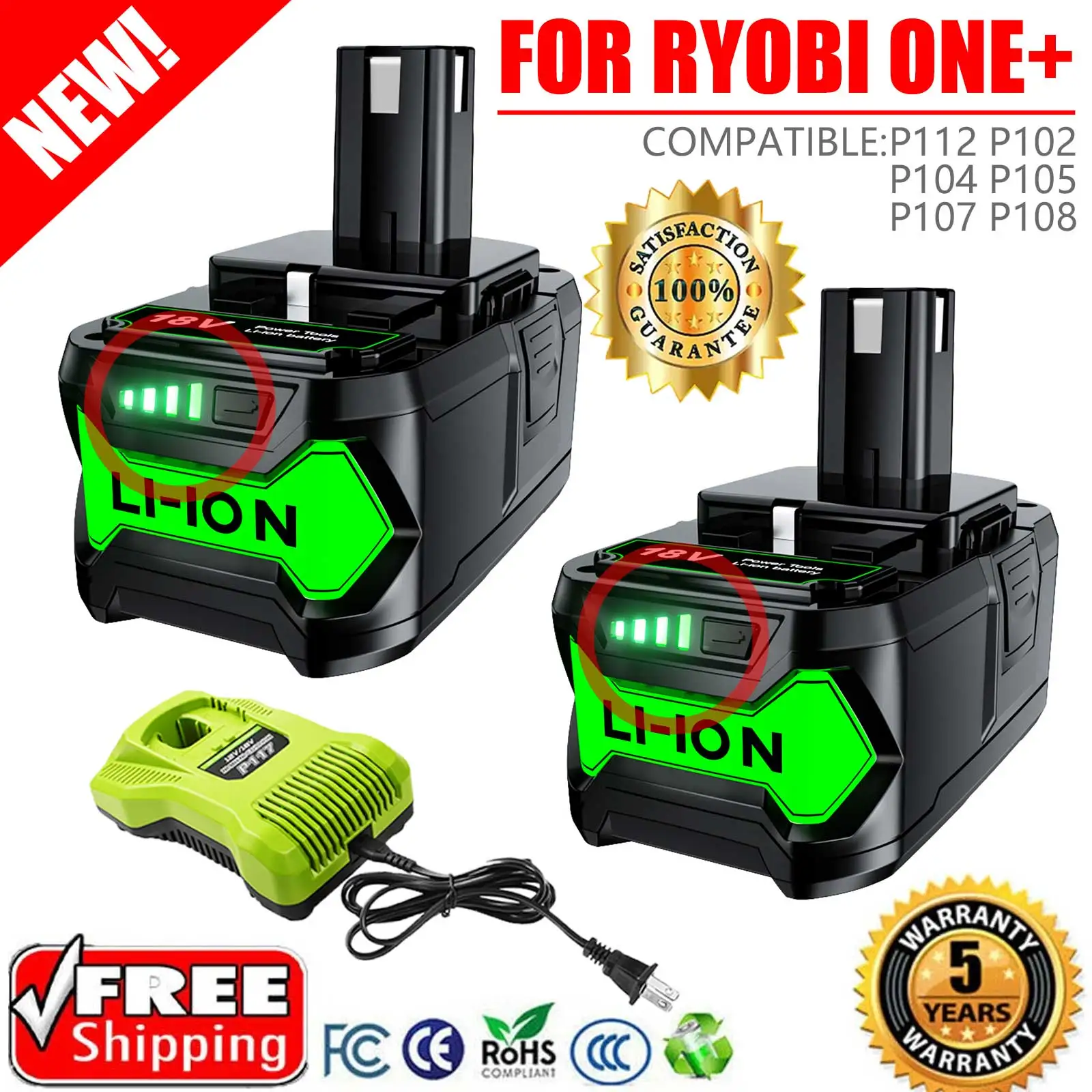 

6000MAH For Ryobi 18V Li-ion Battery 18V Replacement Battery P108 P102 P103 P107 18VTool battery/battery charger
