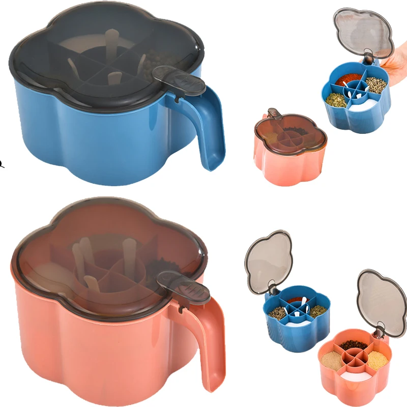 

Коробка для приправ с ложкой, баночка для специй 4 в 1, баночки для соли, перца, специй, горшки, кухонные аксессуары