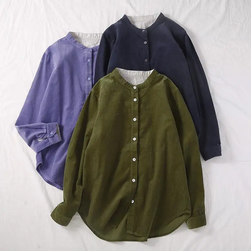 

Shirts Women Spring Autumn New Fine Cotton Corduroy Shirt Comfortable Artistic Blouse Womens Tops