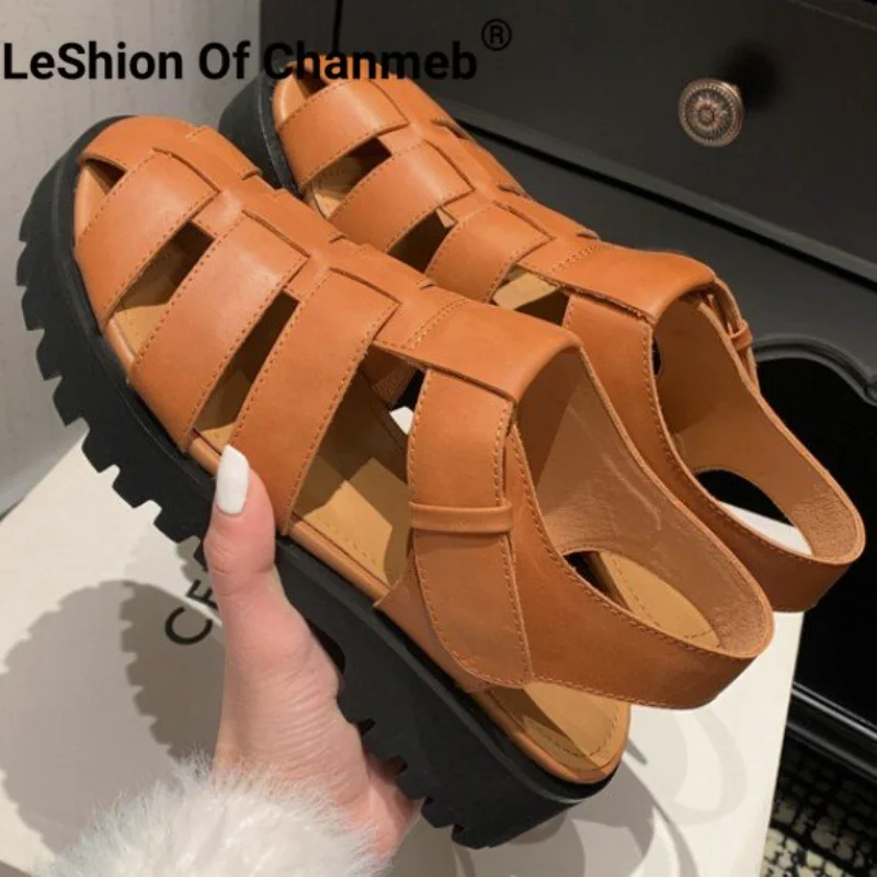 

Leshion Of Chanmeb Genuine Leather Women Platform Flats Sandals Woven Narrow Band Thick Bottom Gladiator Shoes Woman Sandal 2023