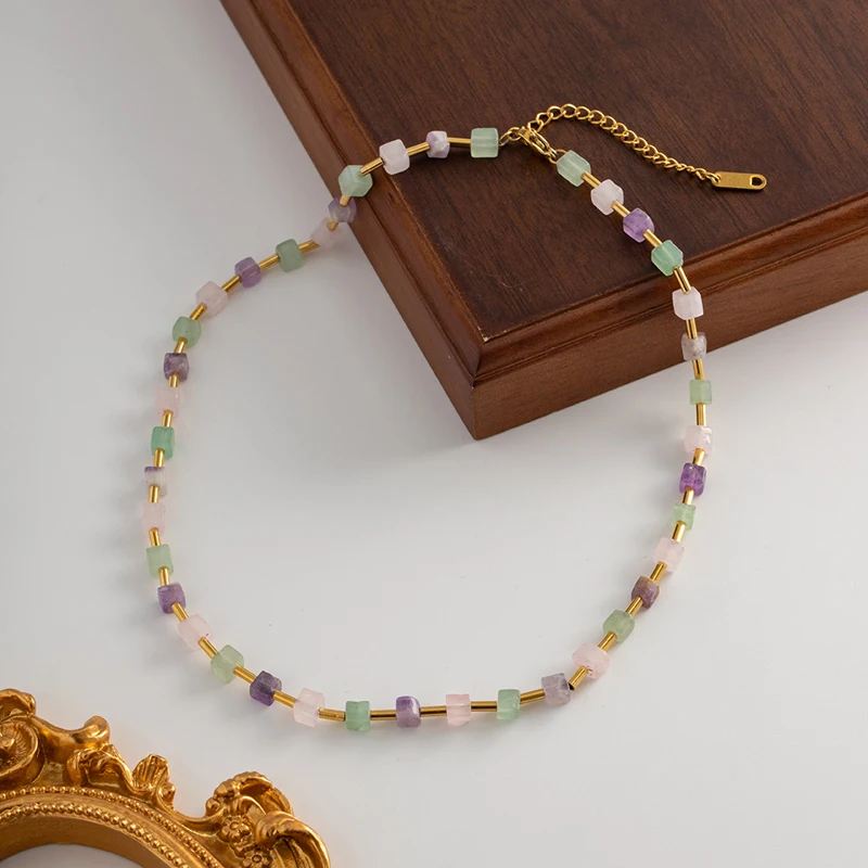 

Faceted Necklace Rainbow Multicolor Gemstones Natural Stones Beaded 14K Gold Filled Collier Femme Women BOHO Necklace