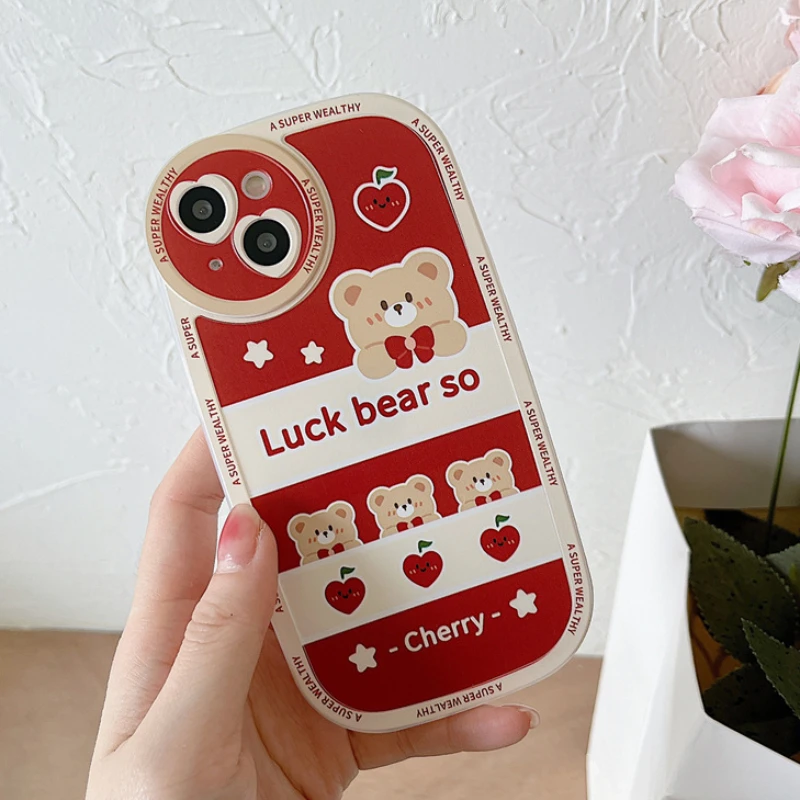 

Cute Cherry Bear Stitching Color Clear Phone Case For iPhone 13 11 12 Pro X XR XS Max MINI 7 8Plus Shockproof Cartoon Soft Cover