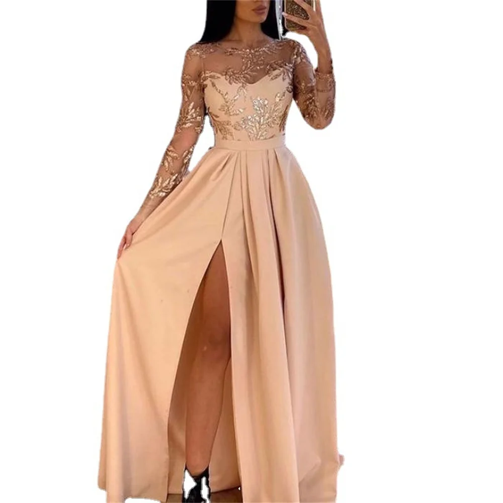 Women Fashion Prom Evening Dress Sequined Hollow Lace-up O-neck Long Sleeve Party Dress Elegant Sexy High Split Formal Dresses