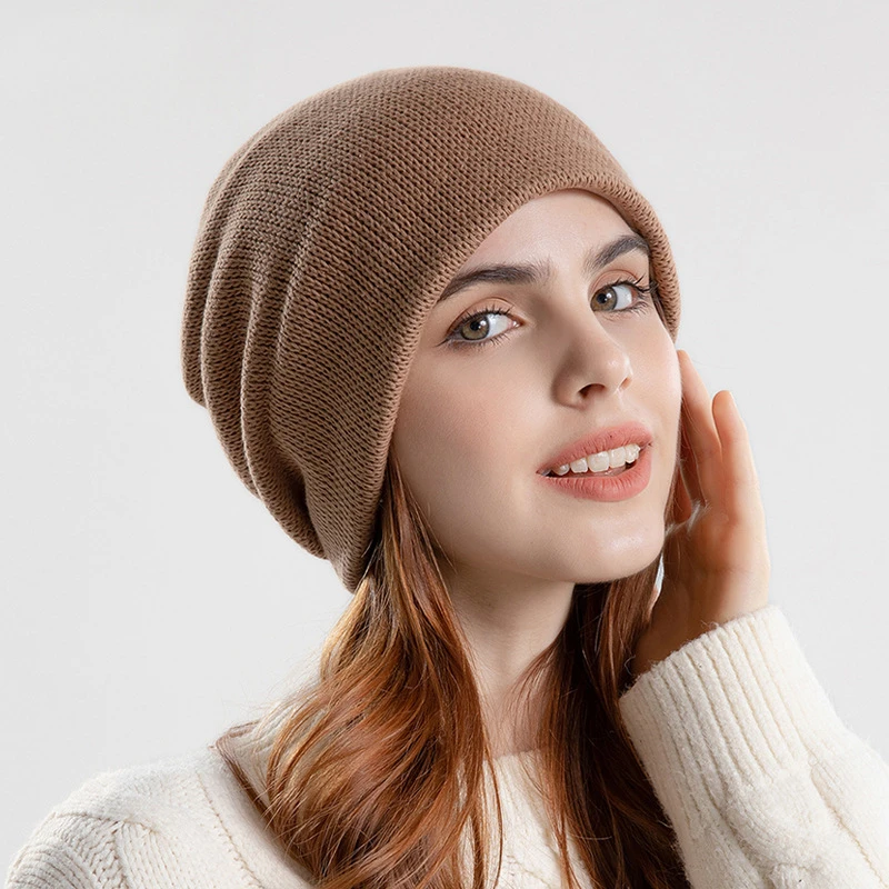 

Soild Color Knitted Pile Hat Autumn Winter Outdoor Warm Pullover Caps For Women Fashion Elastic Skullies Beanie Cap