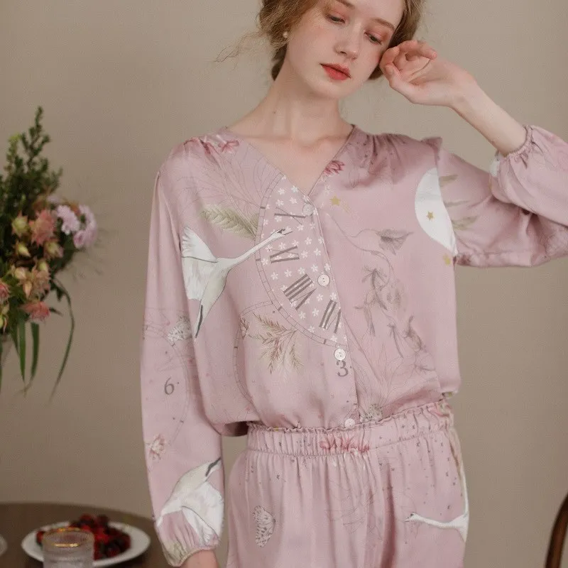 

Fashion Soft Viscose Women's Long Sleeve Pajama Sets Vintage Print V-neck Sleepwear Spring Autumn Loose Casual Pajamas