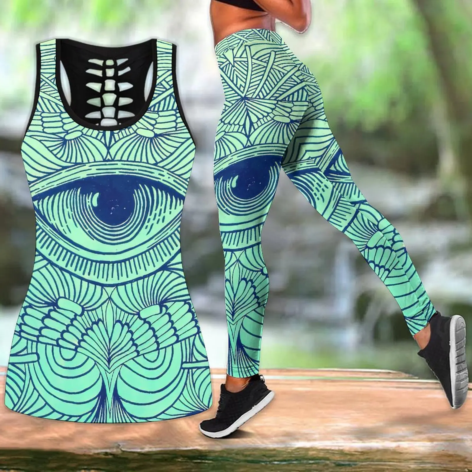 Women's Summer New Eye Graphic Print Yoga Outfit Hollow Out Tank Top Leggings Yoga Suit Tops Vest Women Clothing