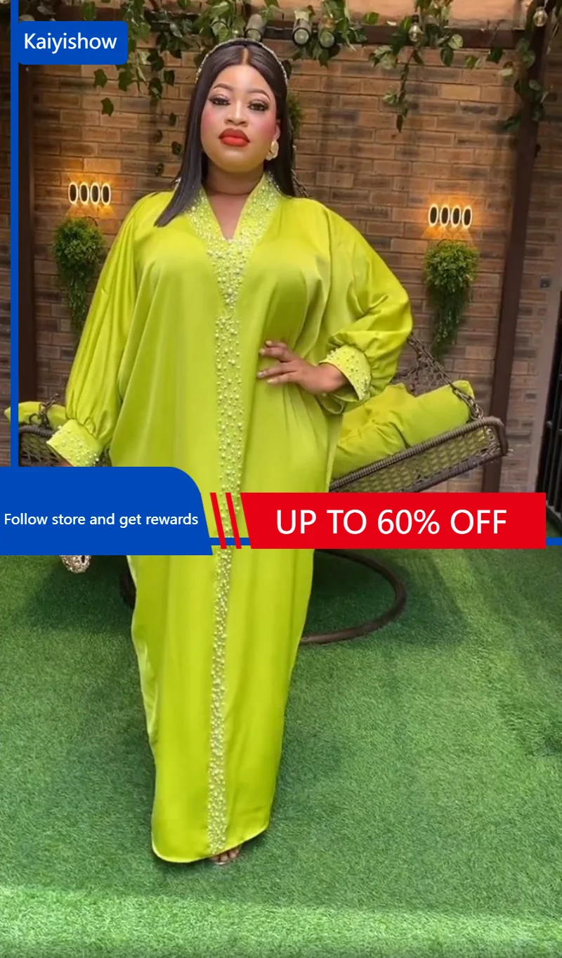 

Polyester African Dresses for Women Summer Elegant African Long Sleeve V-neck White Purple Green Long Dress Muslim Abaya