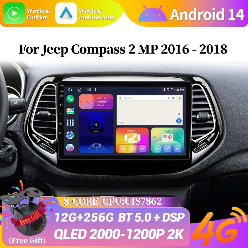 Android Auto carplay Радио Мультимедийный плеер GPS Стерео QLED 256 ГБ Беспроводной для Jeep Compass 2
