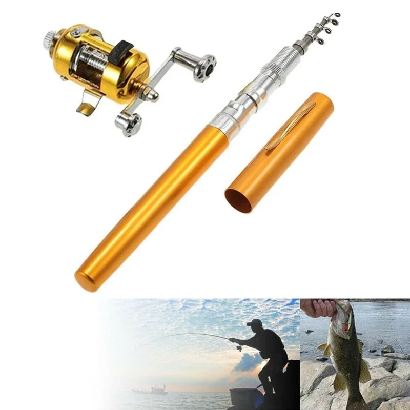 

Portable Pocket Telescopic Mini Fishing Rod Pole Pen Shape Folded River Lake Fishing Rod with Reel Wheel Outdoor Fishing Tools