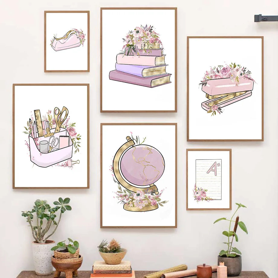 

Teacher Globe Apple Book Stapler Gift Wall Art Canvas Painting Nordic Poster And Prints Wall Pictures For School Classroom Decor