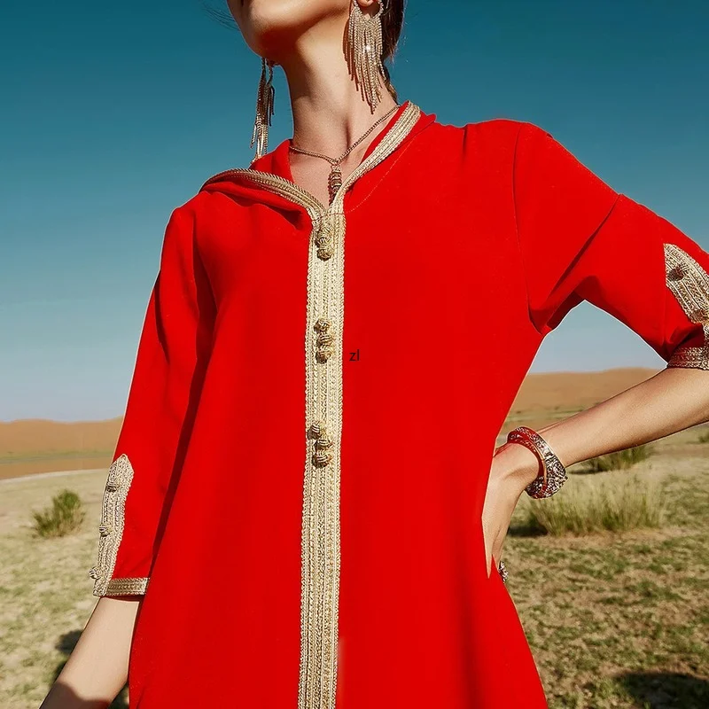 Handcraft Red Moroccan Kaftan Sfifa Ribbon Braid Muslim Dress Women Saudi Arabia Abaya Dubai Eid Mubarak Islam Party Evening
