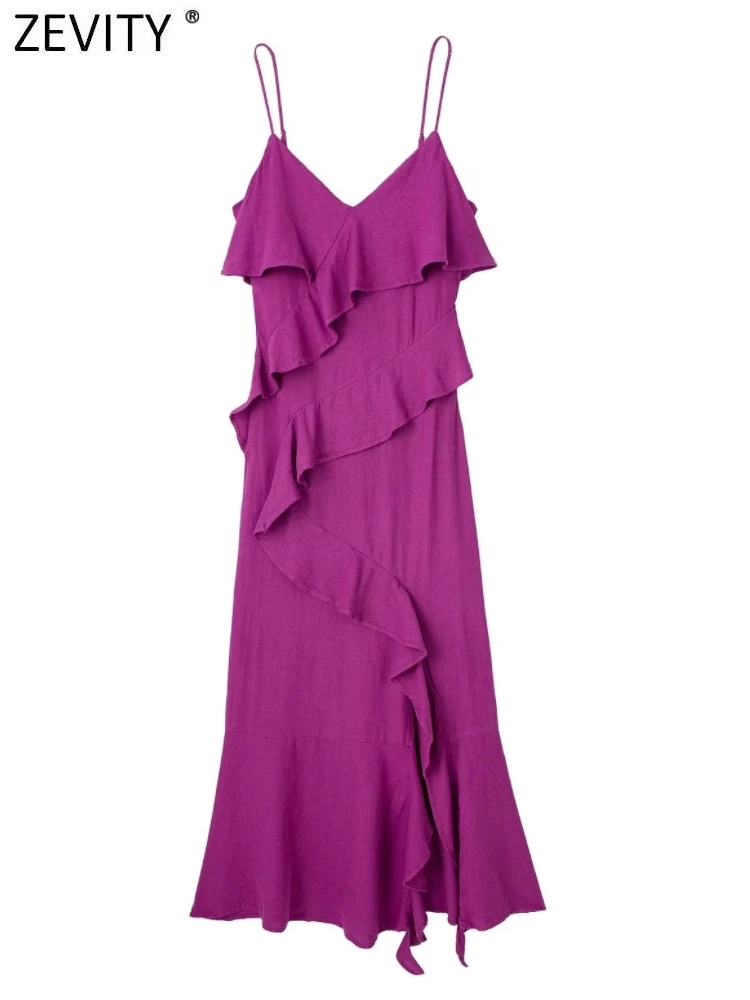 

Zevity 2023 Women Fashion V Neck Cascading Ruffle Solid Sling Midi Dress Female Chic Summer Side Zipper Party Vestidos DS4568