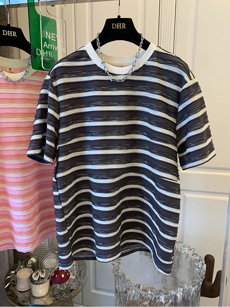 

SuperAen Stripe Short Sleeve Shirt Top Women's Korean Loose Casual Korean Style 2022 Summer New Blouse