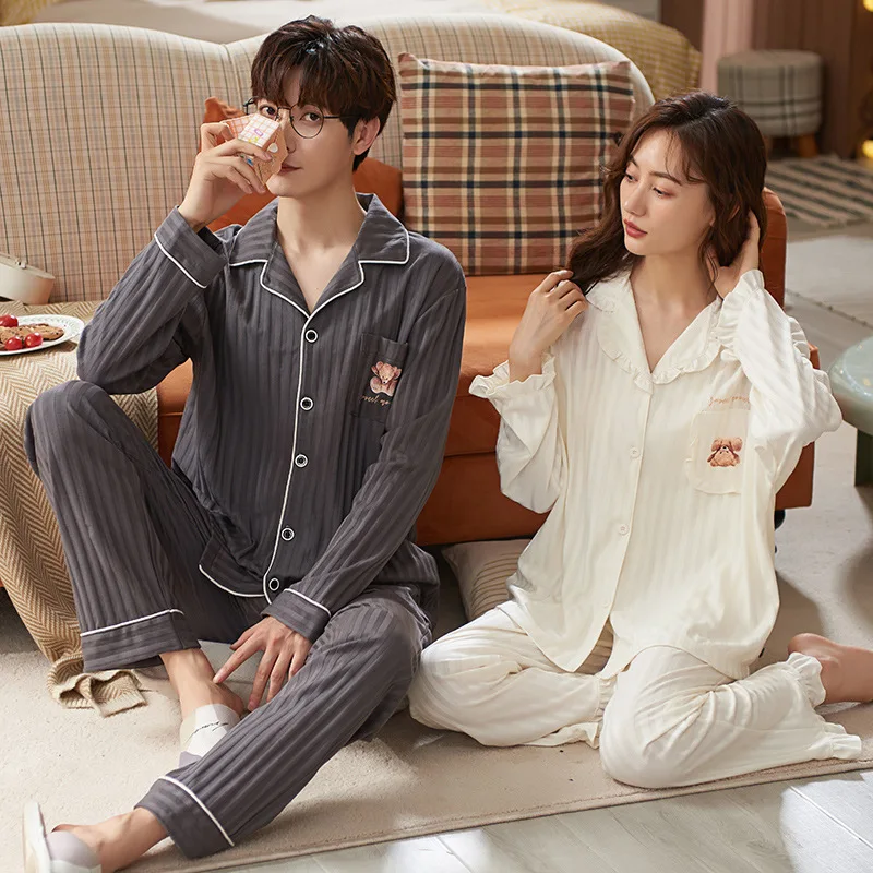 The spring and autumn period and the couple pajamas cotton long sleeve men and women big yards female household to qiu dong