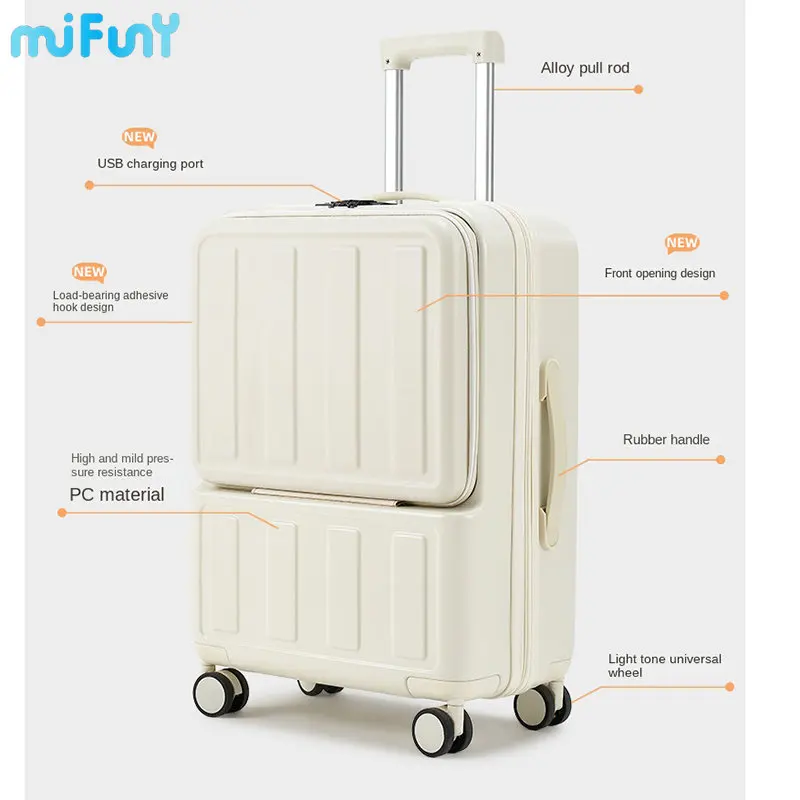 MIFUNY Front Open Password Luggage with USB Interface Pull Rod Trunk Travel Suitcase Carry on Luggage with Wheels Boarding Box