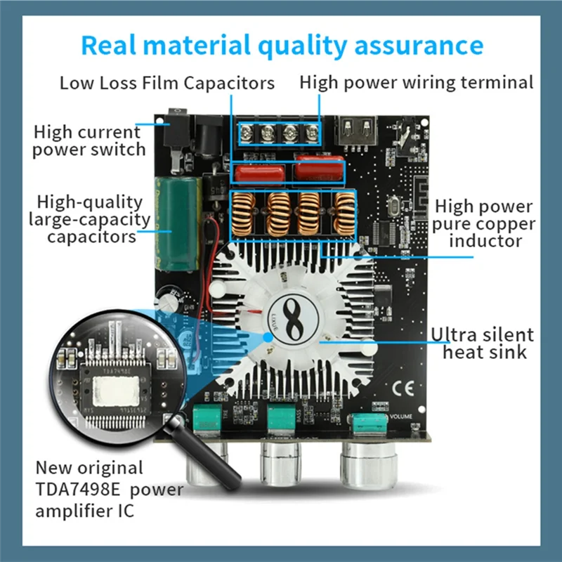 

160Wx2 TDA7498E Bluetooth 5.0 Stereo Treble Bass Adjustment Audio Power Amplifier Board Dual Channel Heat Sink T160H