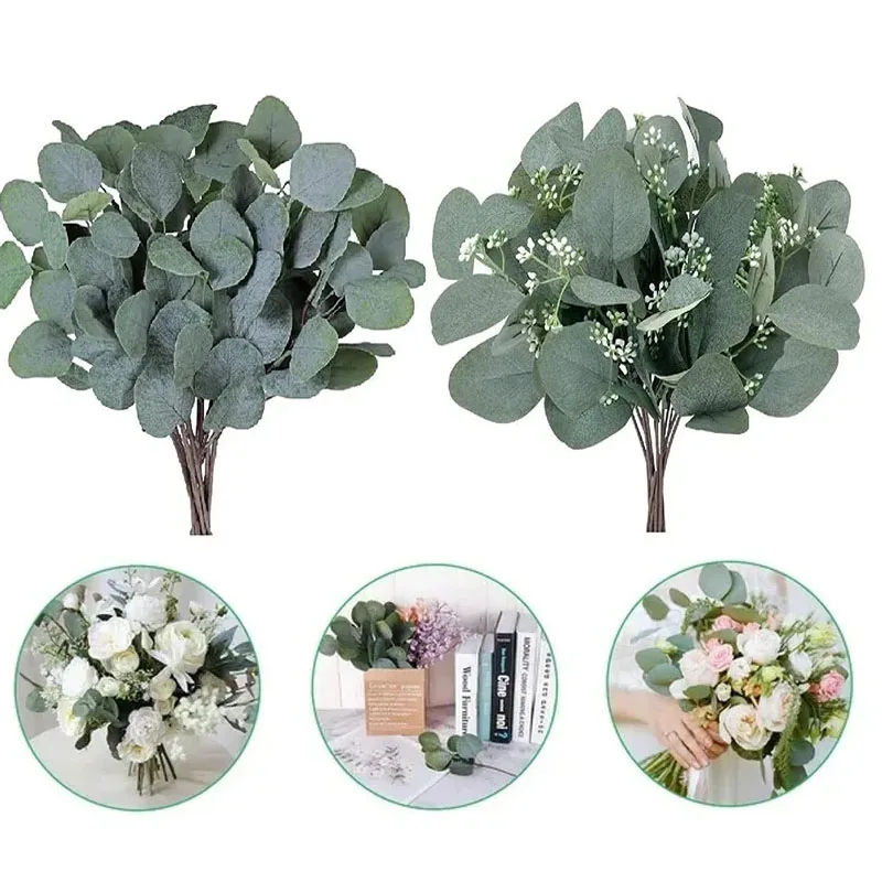 

10pcs Fake Eucalyptus Leaves Stems Artificial Greenery Flowers For Bride Bouquet Vase Floral Arrangement Wedding Home Decoration