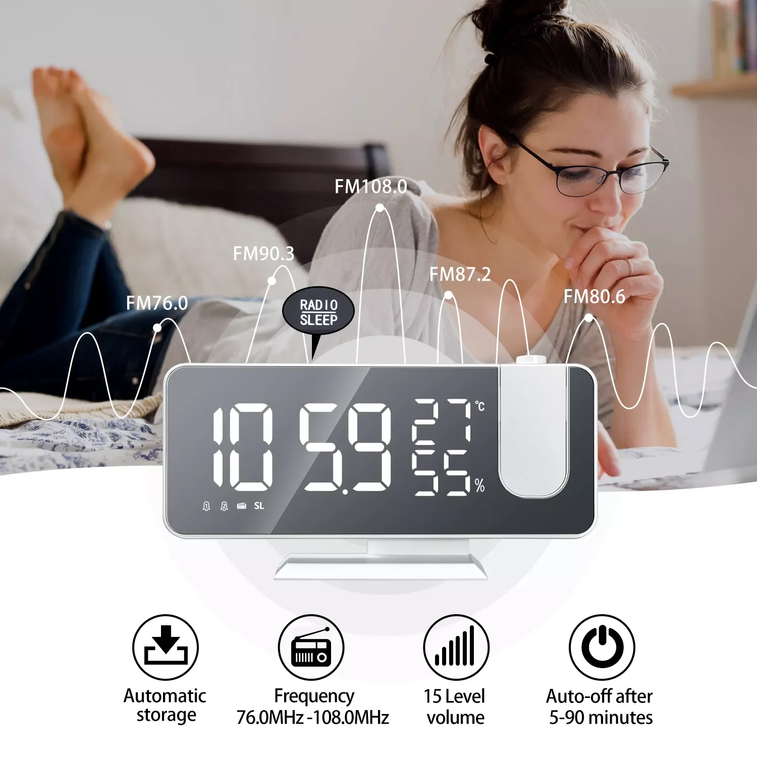 

LED Digital Alarm Clock Watch Table Electronic Desktop Clocks USB Wake Up FM Radio Time Projector Snooze Function 2 Alarm