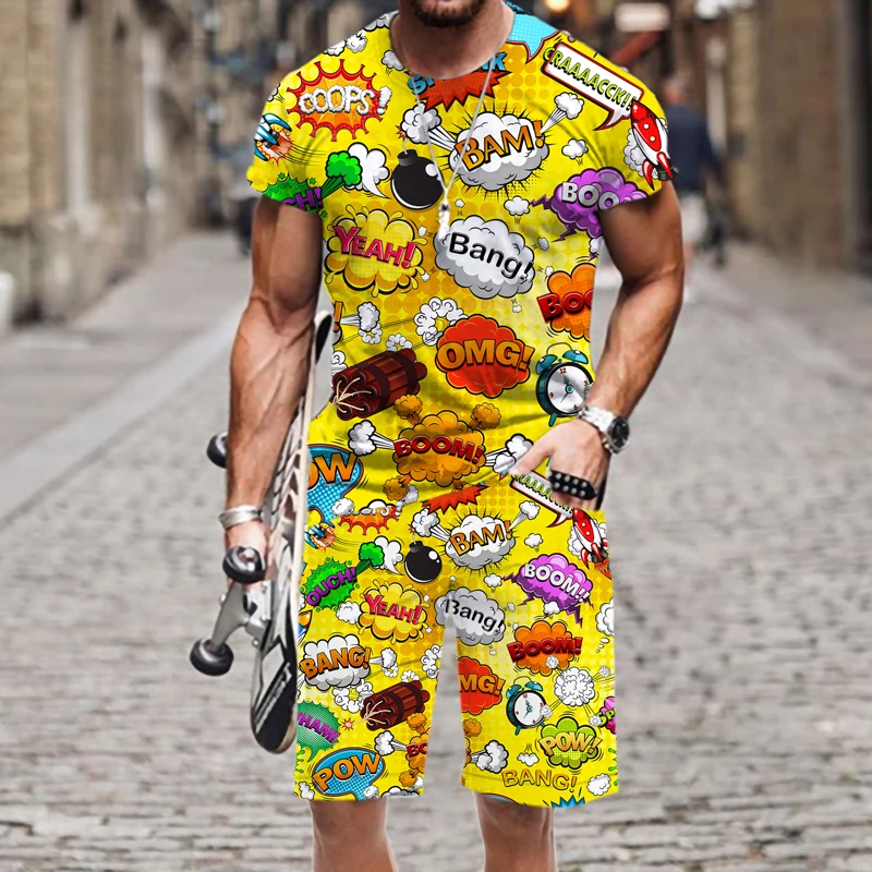Summer Men's T-Shirt Set Hip Hop Funny Short Sleeve T-Shirt Shorts 2-piece Tracksuit Colorful Casual Sports Suit Unisex Clothing