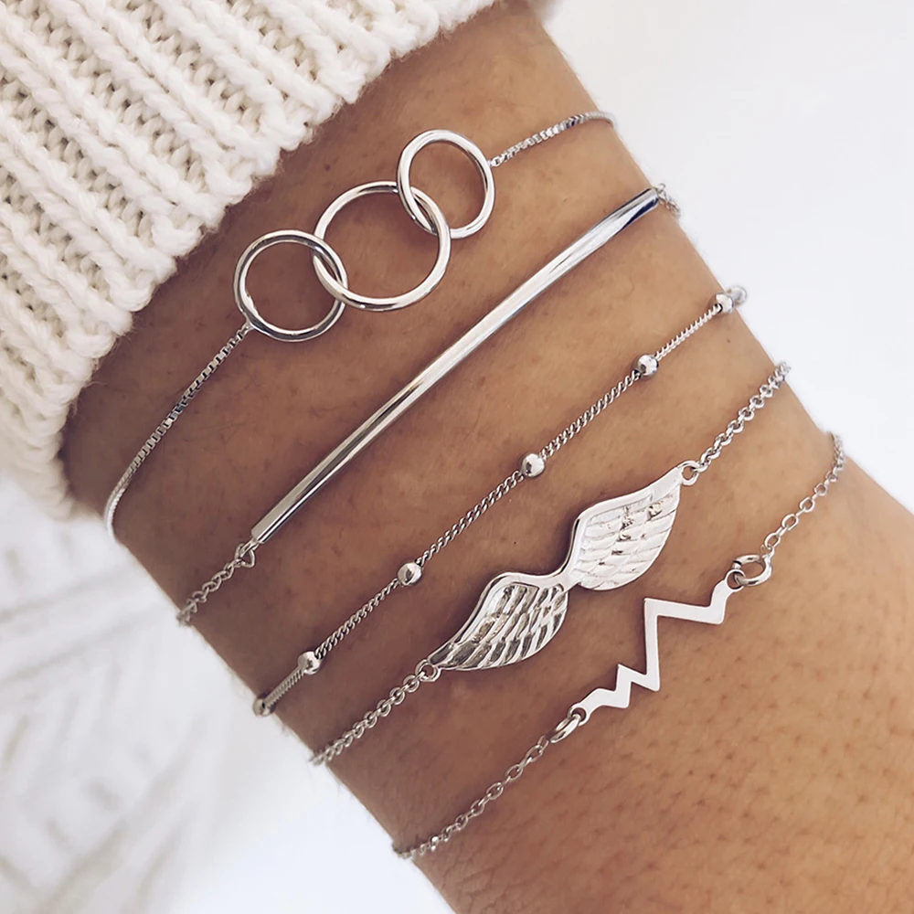

Brand New Set Boho Silver Color Round Bracelet Geometric Figure Set Multilayer Bracelet Fashion Jewelry For Women Gifts