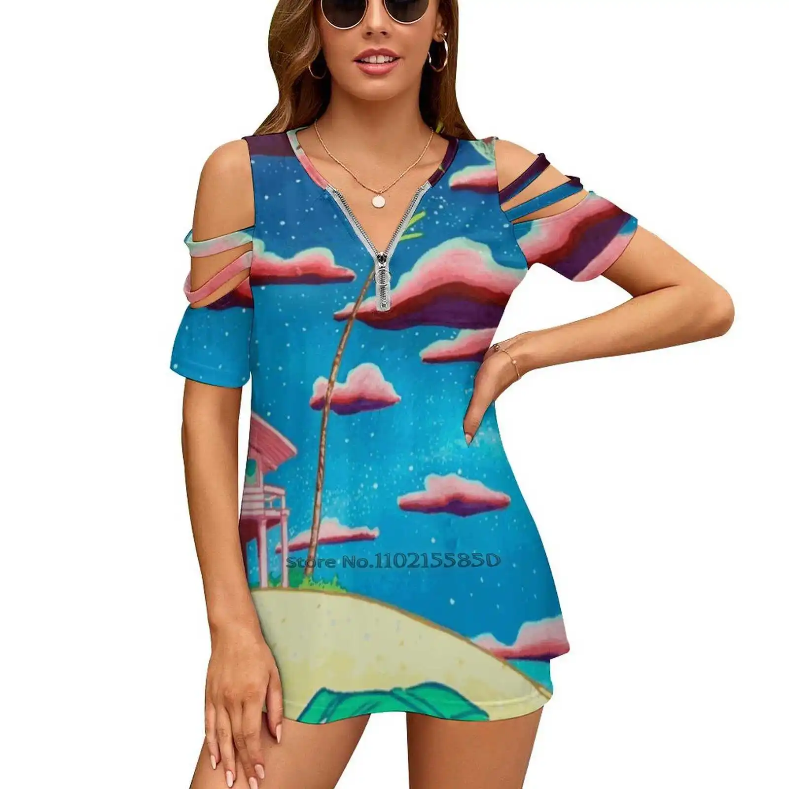 

Bungalow Women V Neck T-Shirt Casual Sexy T Shirts Hollow Out Zipper Pullover Top Pop Culture Pop Color Landscape Comic Beach