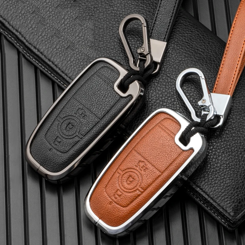 

Leather Alloy Car Remote Key Case Cover Shell For Ford Fiesta Focus 3 4 Mondeo Fusion Explorer F150 F250 F350 Mustang Ecosport
