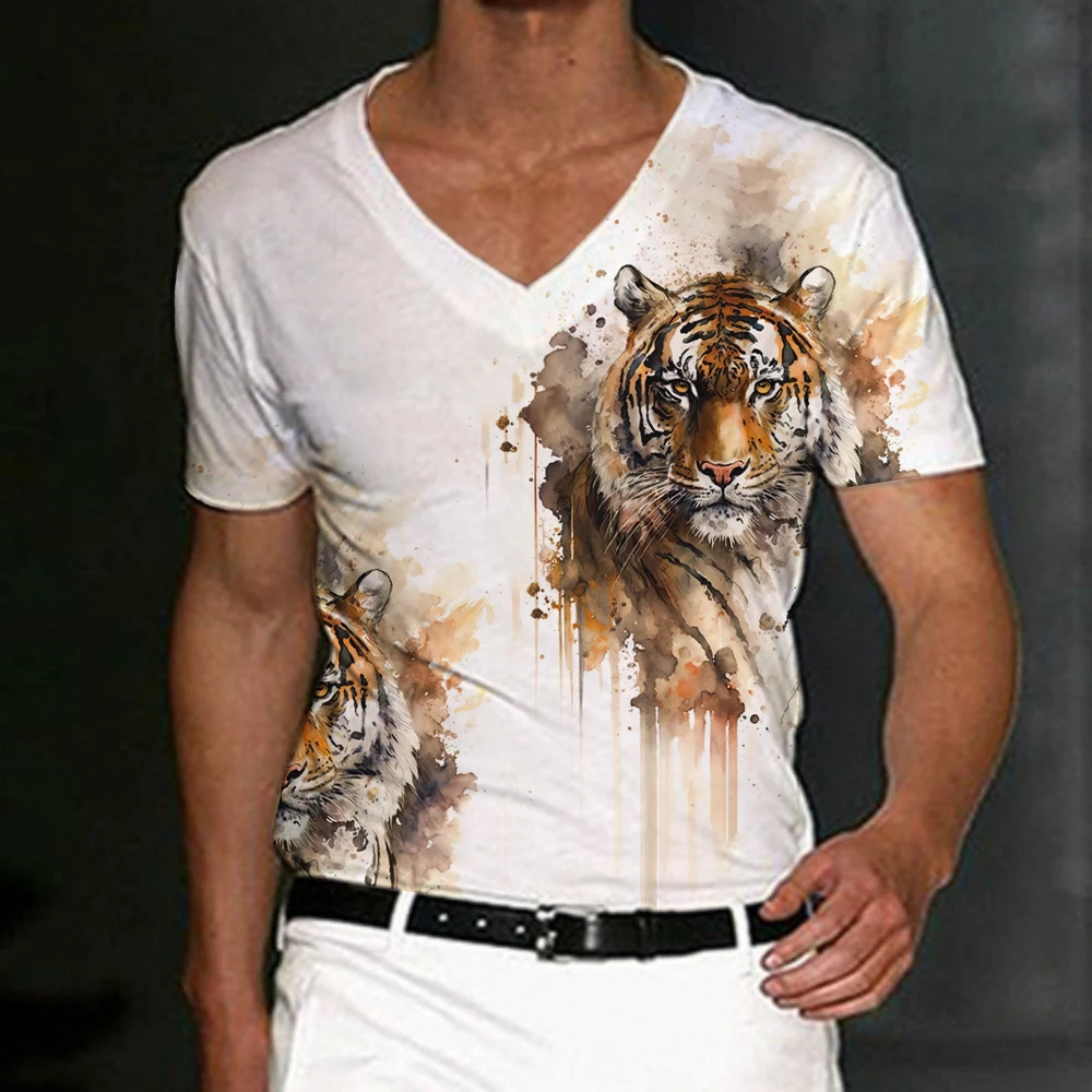 

2023 Men T-shirts Animal Shirt Short Sleeve Tops Tiger Graphic Tops V Neck Oversized Clothing Summer Street For Male Shirt Tees