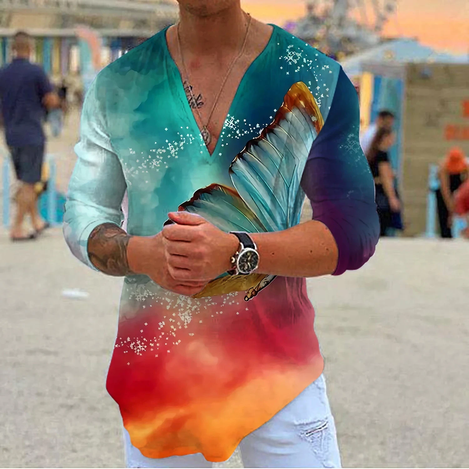 Футболка мужская с 3D принтом модная дышащая Повседневная рубашка прострочкой в