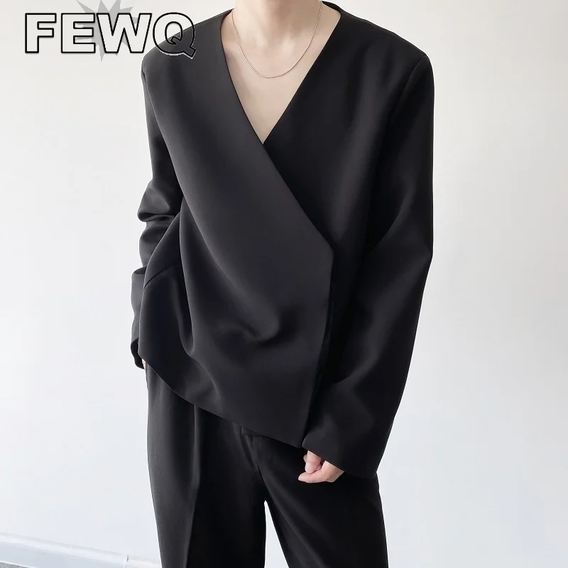 

FEWQ Autumn Personality Men's Collarless Short Suit Coat 2023 New Simple Trend Black Oversized Asymmetric Breasted Clothes Y9248