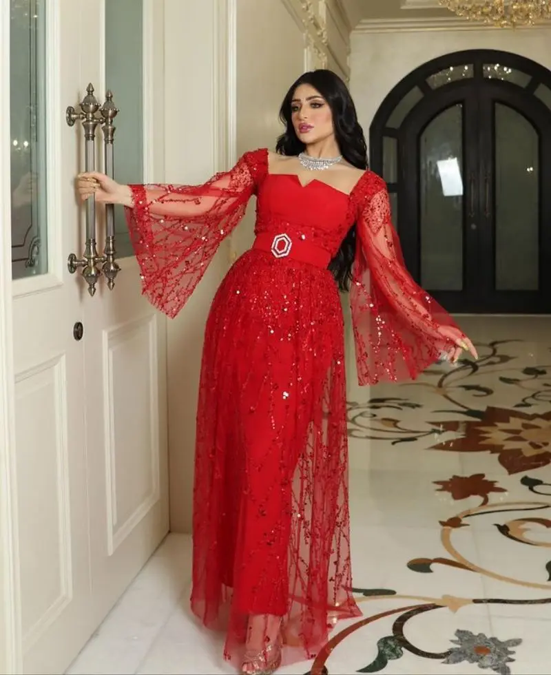 PLEINDI Luxury Evening Dress Square Collar A-LINE Long Sleeves Floor-Length Lace 2022 New Burgundy Cut-out Exquisite Prom Dress