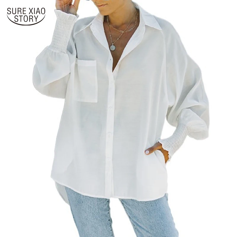 

Однотонная одежда с отложным воротником, элегантные женские топы, белая рубашка, Повседневная Свободная Офисная Женская блузка с карманами...