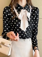 bow tie women blouses elegant chiffon shirts designer polka dot female office work wear clothes black apricot tops blouse femme