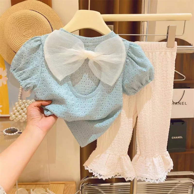 

Girl Clothes Children's Clothing 2023 Children's Sets Girl's Short Sleeve T-Shirt Summer Butterfly Knot Lace Flared Pants Set