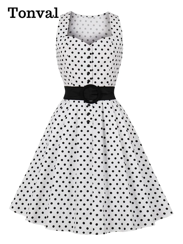 

Tonval Sweetheart Neck Button Up Pinup Robes Polka Dot Vintage White Dress Women Sleeveless Pocket Side Belted A-Line Dresses