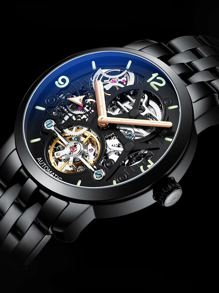AILANG Men Watch Tourbillon Luxury Black Steel Waterproof Luminous Watches Automatic Mechanical Wrist Watch Reloj Hombre enlarge