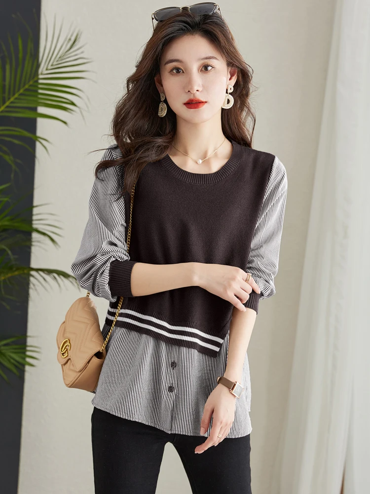 Весна и осень 2024 новый свитер лоскутные рубашки модный западный стиль средней