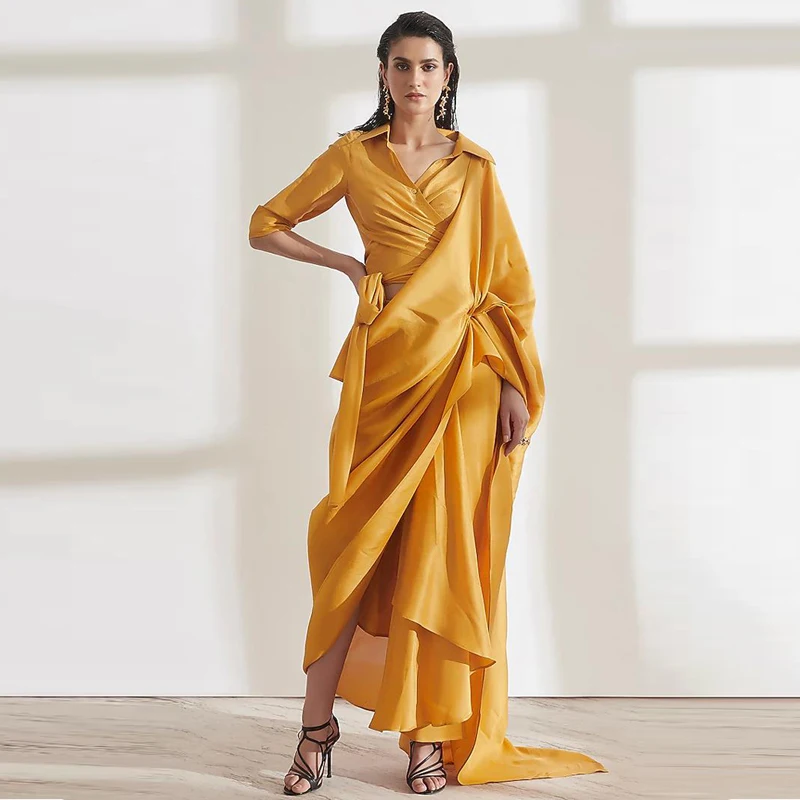 

Blue Blue Robes De Cocktai Sexy Mermaid Duba Satin Formal Evening Dress Arab Yellow Ruffle Cloak Zipper Up Full Sleeves Prom Gow