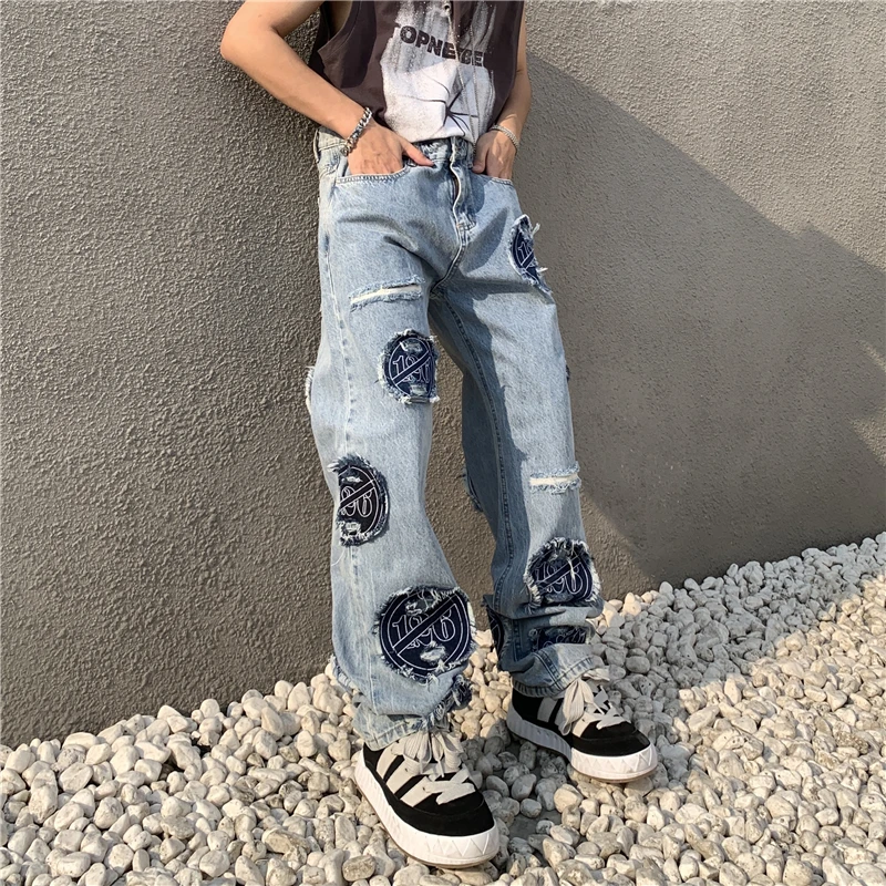 Hip Hip Denim Pants Mens Streetwear Patchwork Ripped Denim Zipper Pants Harajuku Cotton Joggers Jeans Trousers Straight Pants
