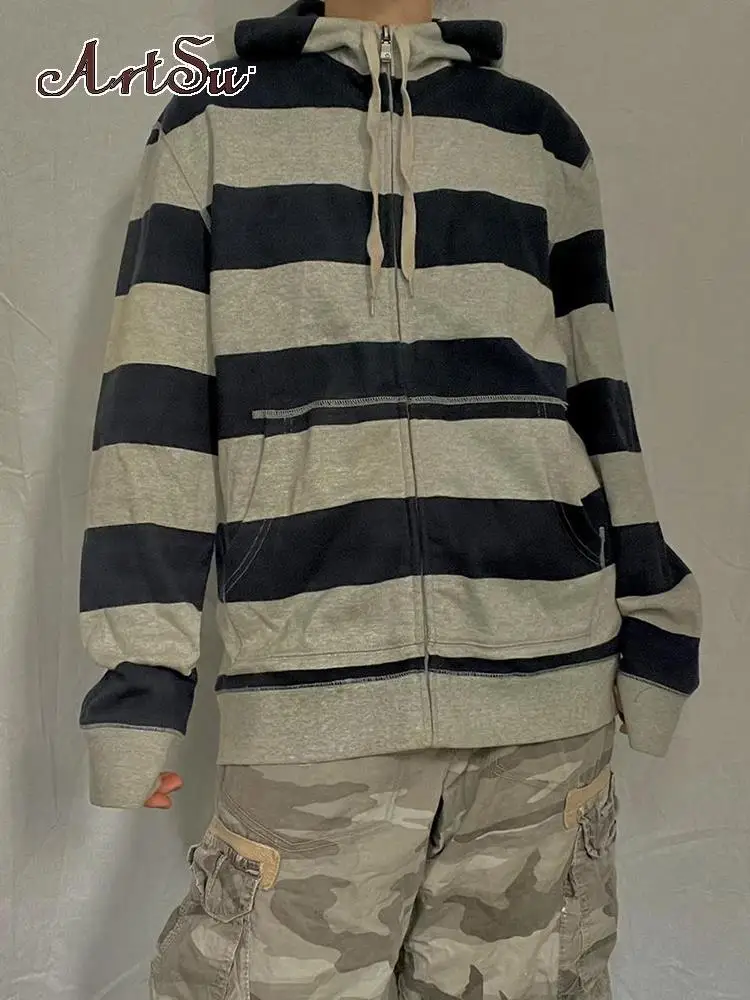 

Artsu Vintage Loose Jackets Coats Fall Winter Fashion Punk Hoodies Stitch Pockets Women Striped Hooded Overcoats Harajuku